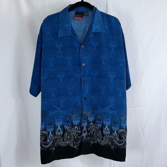 Vintage Korean Oriental Styled 2 Tone Dragon Flames Button Up Short Sleeve Top - Picture 1 of 11